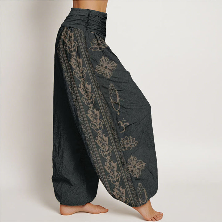 Buddha Stones Lotus Flowers Double Dorje Vajra Namaste Om Design Women's Elastic Waist Harem Pants - image 3