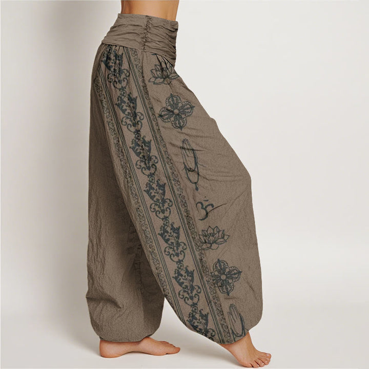 Buddha Stones Lotus Flowers Double Dorje Vajra Namaste Om Design Women's Elastic Waist Harem Pants - image 10