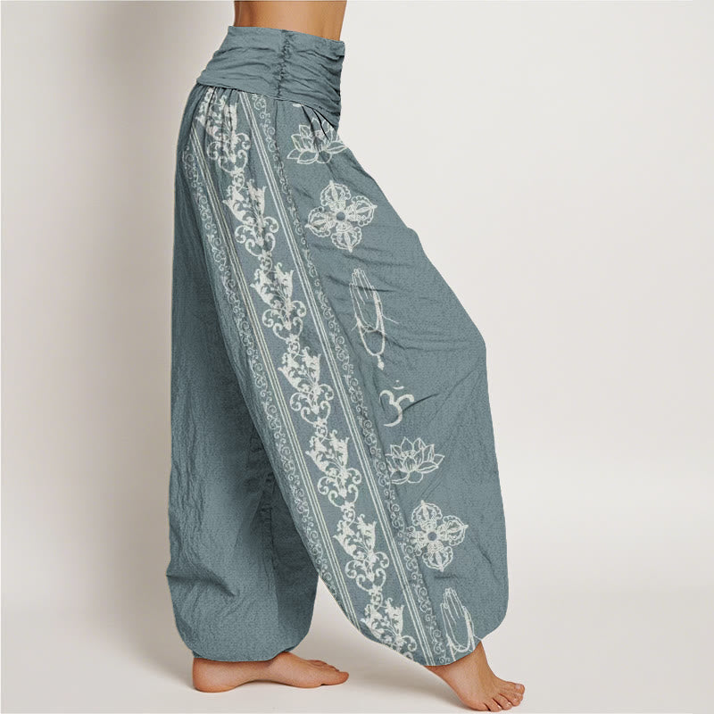 Buddha Stones Lotus Flowers Double Dorje Vajra Namaste Om Design Women's Elastic Waist Harem Pants - image 7