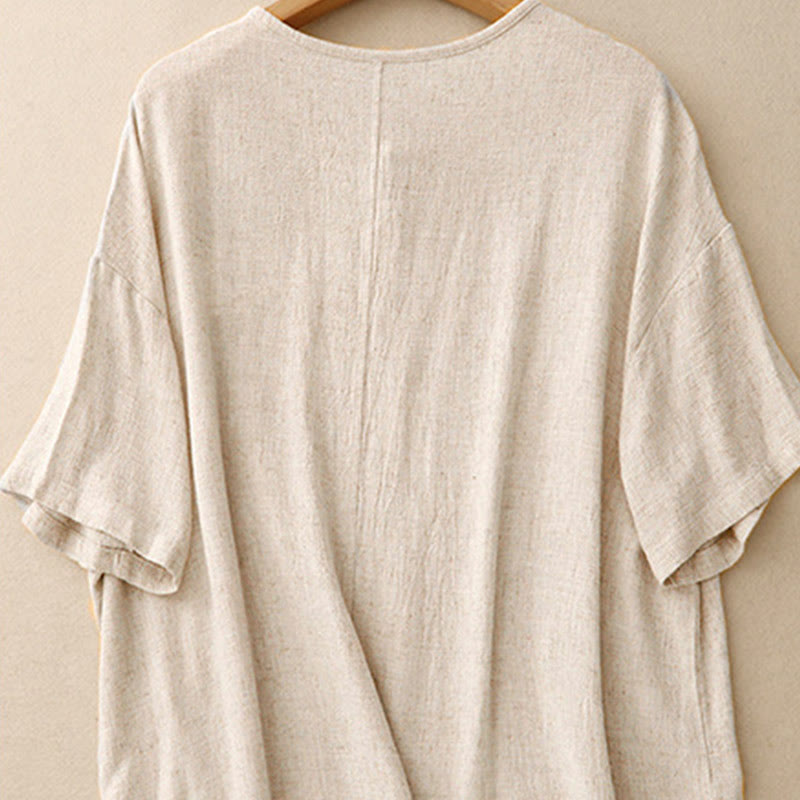 Buddha Stones Colorblock Side Slit  Frog-Button Cotton Linen Half Sleeve Women's Shirt With Pockets - image 2