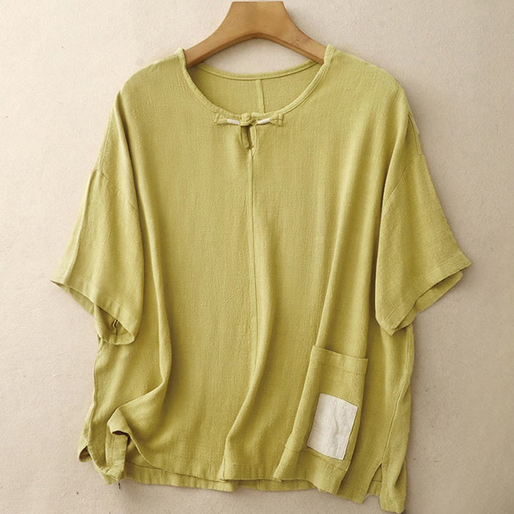 Buddha Stones Colorblock Side Slit  Frog-Button Cotton Linen Half Sleeve Women's Shirt With Pockets - Khaki - US14，UK/AU18，EU46 (2XL) - image 9