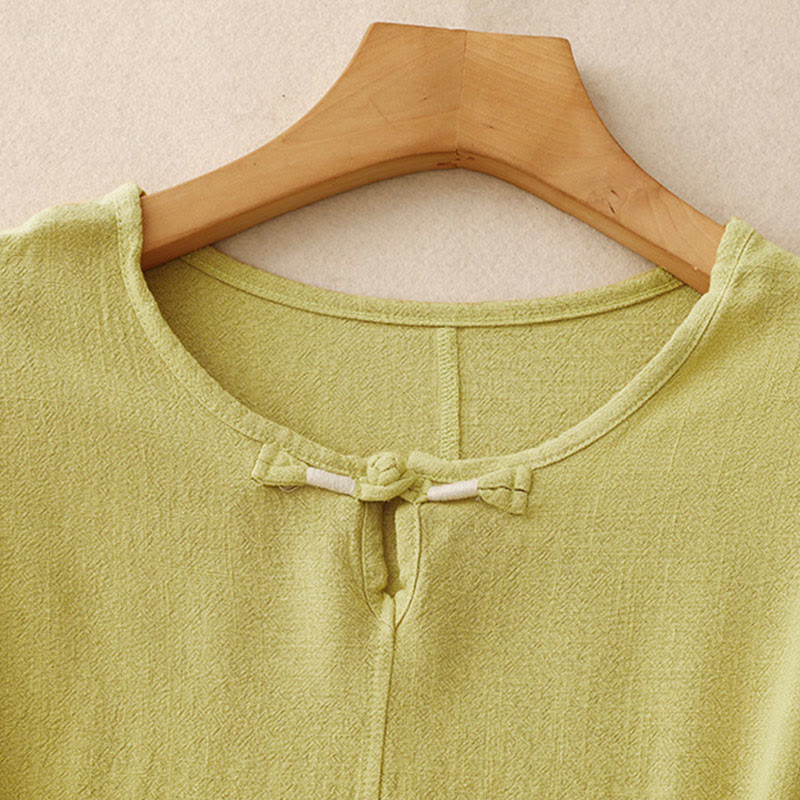 Buddha Stones Colorblock Side Slit  Frog-Button Cotton Linen Half Sleeve Women's Shirt With Pockets - image 10