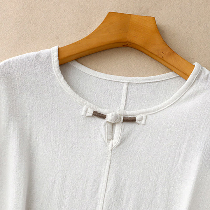 Buddha Stones Colorblock Side Slit  Frog-Button Cotton Linen Half Sleeve Women's Shirt With Pockets - image 16