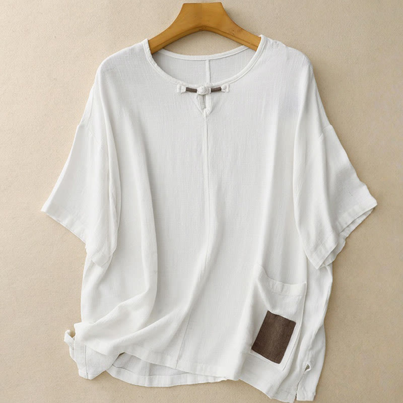 Buddha Stones Colorblock Side Slit  Frog-Button Cotton Linen Half Sleeve Women's Shirt With Pockets - White - US14，UK/AU18，EU46 (2XL) - image 15