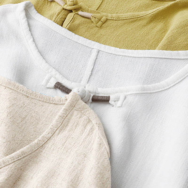 Buddha Stones Colorblock Side Slit  Frog-Button Cotton Linen Half Sleeve Women's Shirt With Pockets - image 23