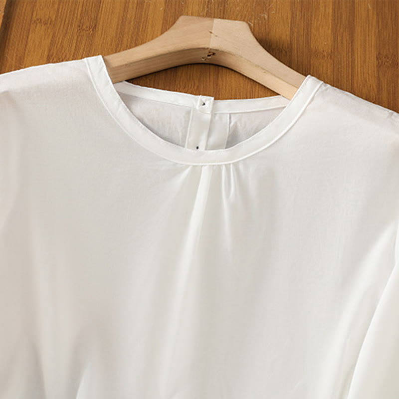 Buddha Stones Plain Lace Hem Single Breasted Button Cotton Linen Three Quarter Sleeve Women's Crew Neck Shirt - image 12