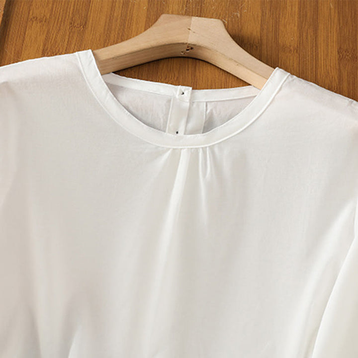 Buddha Stones Plain Lace Hem Single Breasted Button Cotton Linen Three Quarter Sleeve Women's Crew Neck Shirt - image 12