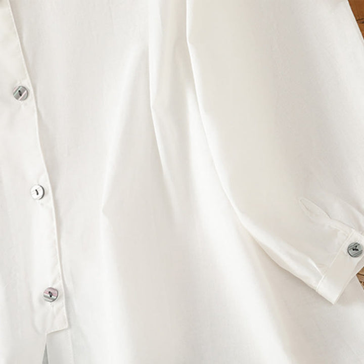 Buddha Stones Plain Lace Hem Single Breasted Button Cotton Linen Three Quarter Sleeve Women's Crew Neck Shirt - image 15