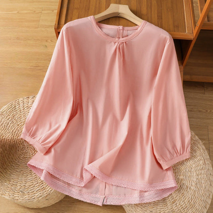 Buddha Stones Plain Lace Hem Single Breasted Button Cotton Linen Three Quarter Sleeve Women's Crew Neck Shirt - Pink - US14，UK/AU18，EU46 (2XL) - image 26