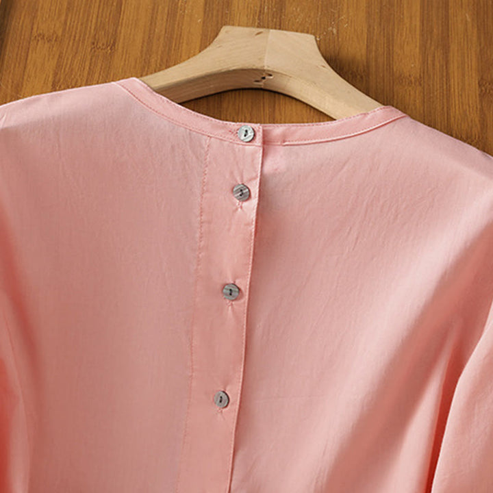 Buddha Stones Plain Lace Hem Single Breasted Button Cotton Linen Three Quarter Sleeve Women's Crew Neck Shirt - image 32