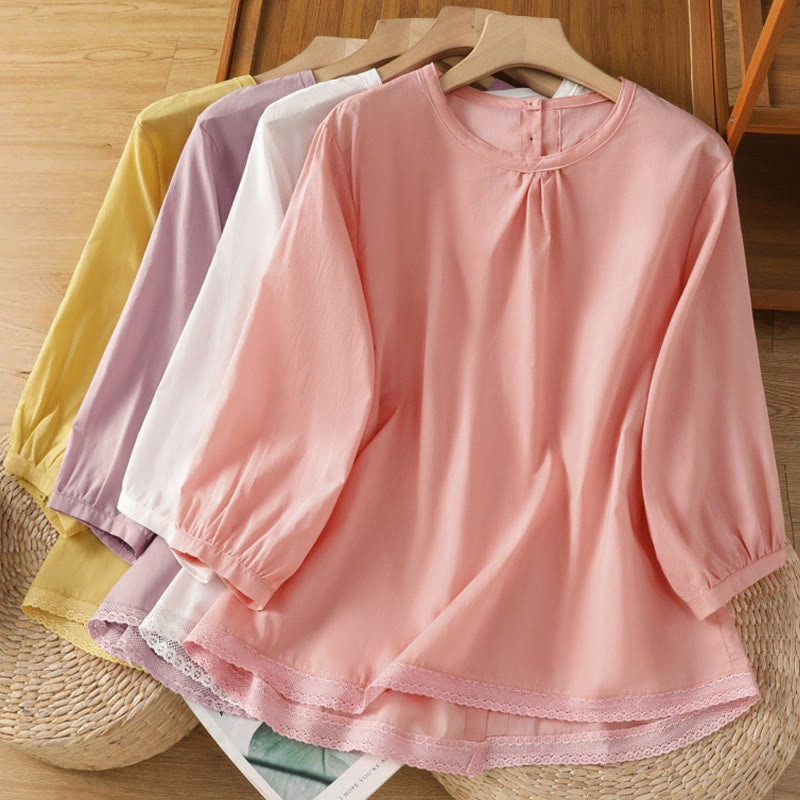 Buddha Stones Plain Lace Hem Single Breasted Button Cotton Linen Three Quarter Sleeve Women's Crew Neck Shirt - image 36