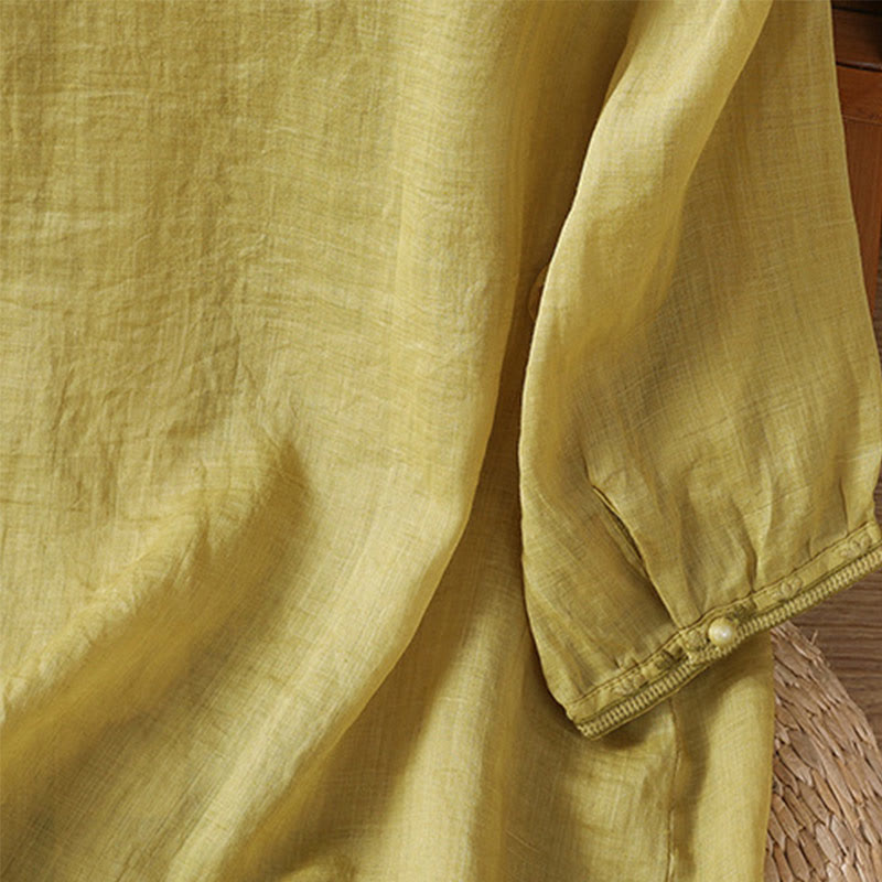 Buddha Stones Casual Embroidery Frog-Button Polyester Half Sleeve Women's V-neck Shirt - image 15