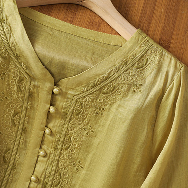 Buddha Stones Casual Embroidery Frog-Button Polyester Half Sleeve Women's V-neck Shirt - image 16