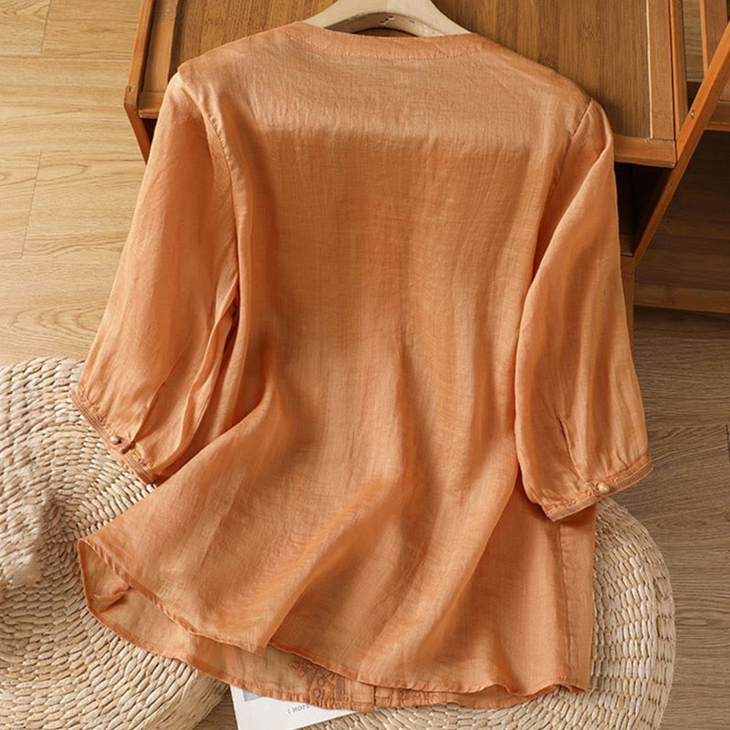 Buddha Stones Casual Embroidery Frog-Button Polyester Half Sleeve Women's V-neck Shirt - image 19