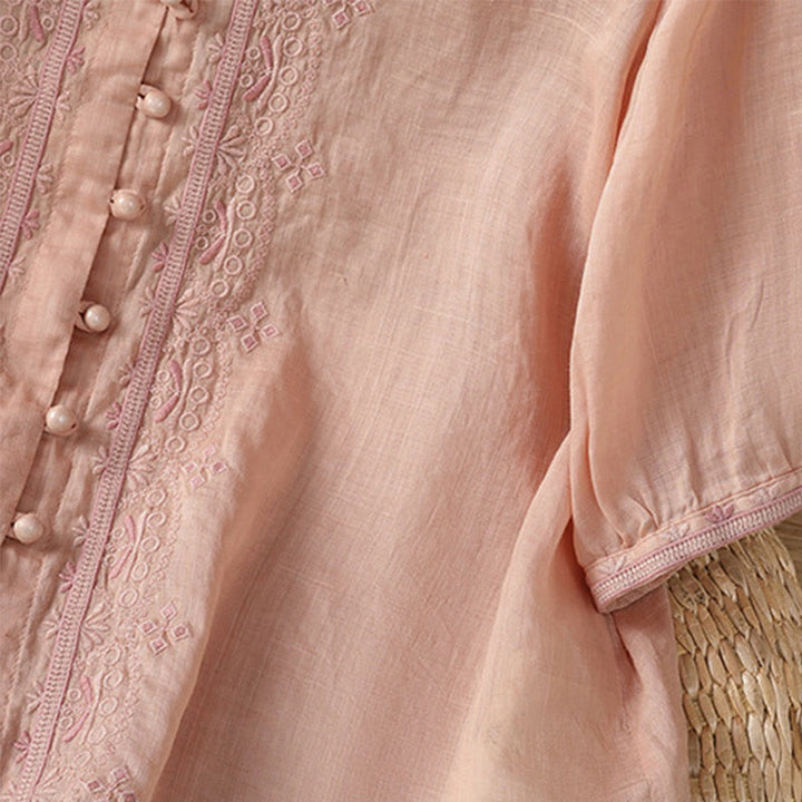 Buddha Stones Casual Embroidery Frog-Button Polyester Half Sleeve Women's V-neck Shirt - image 30