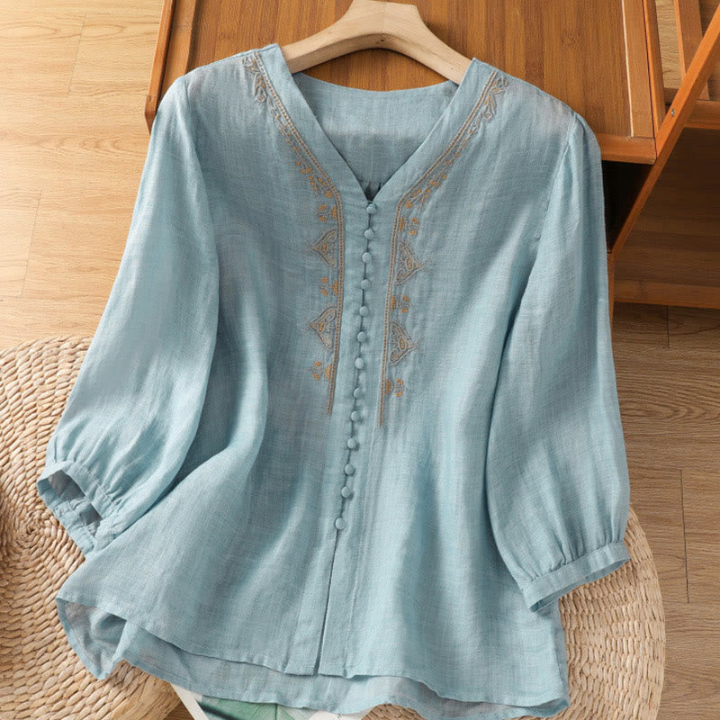 Buddha Stones Casual Embroidery Single Breasted Button Polyester Half Sleeve Women's V-neck Shirt - SkyBlue - US8-10，UK/AU12-14，EU40-42 (2XL) - image 0