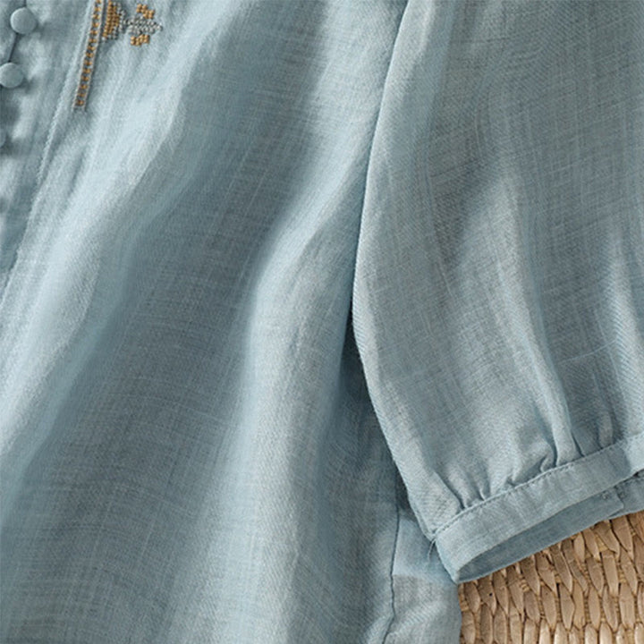 Buddha Stones Casual Embroidery Single Breasted Button Half Sleeve Women's V-neck Shirt - image 5