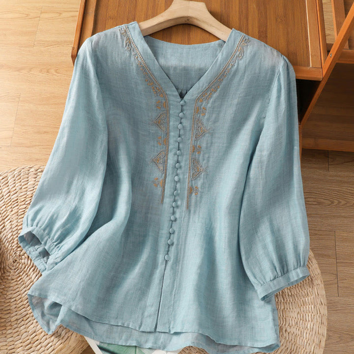 Buddha Stones Casual Embroidery Single Breasted Button Half Sleeve Women's V-neck Shirt - SkyBlue - US8-10，UK/AU12-14，EU40-42 (2XL) - image 0