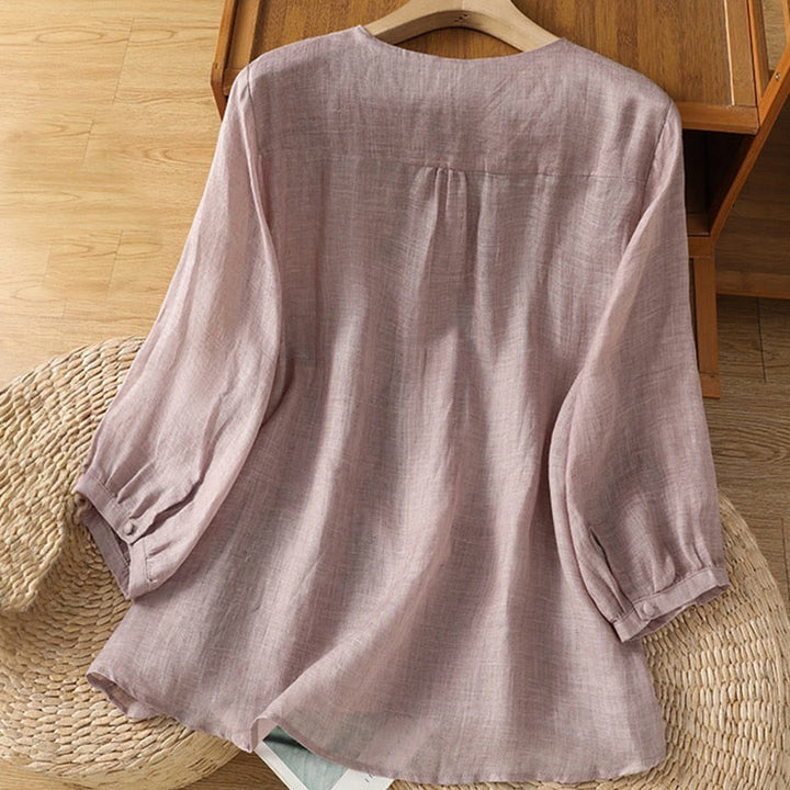Buddha Stones Casual Embroidery Single Breasted Button Half Sleeve Women's V-neck Shirt - image 11