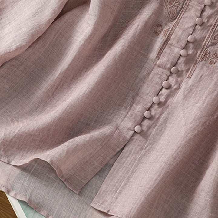 Buddha Stones Casual Embroidery Single Breasted Button Polyester Half Sleeve Women's V-neck Shirt - image 17