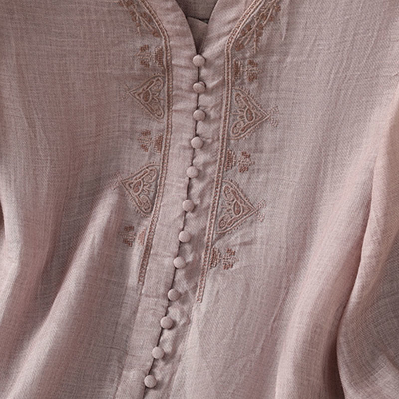 Buddha Stones Casual Embroidery Single Breasted Button Polyester Half Sleeve Women's V-neck Shirt - image 13