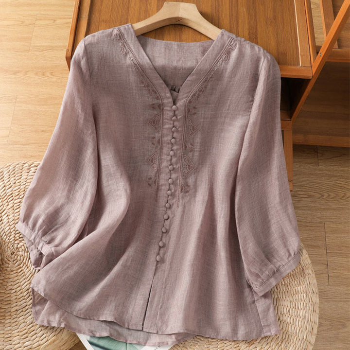 Buddha Stones Casual Embroidery Single Breasted Button Half Sleeve Women's V-neck Shirt - Thistle - US8-10，UK/AU12-14，EU40-42 (2XL) - image 10