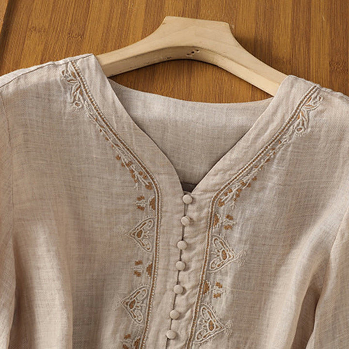 Buddha Stones Casual Embroidery Single Breasted Button Polyester Half Sleeve Women's V-neck Shirt - image 21