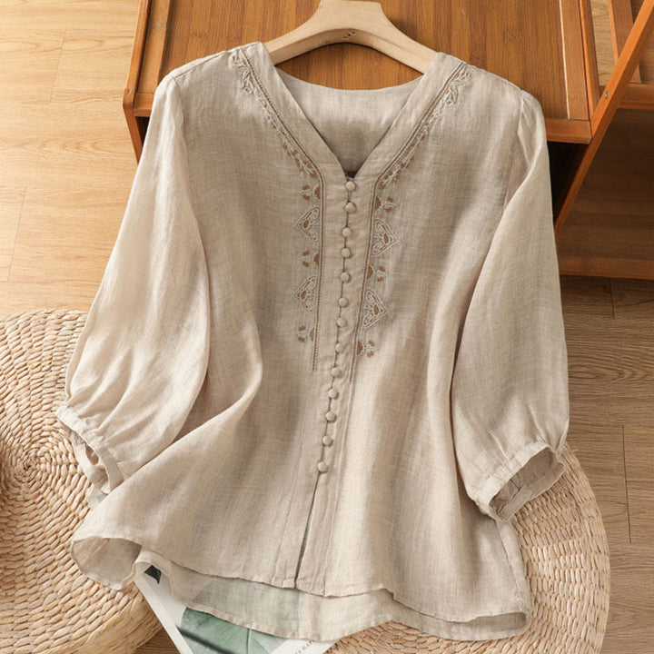 Buddha Stones Casual Embroidery Single Breasted Button Half Sleeve Women's V-neck Shirt - Beige - US8-10，UK/AU12-14，EU40-42 (2XL) - image 19