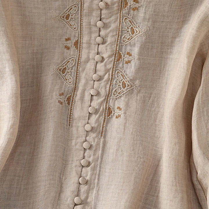 Buddha Stones Casual Embroidery Single Breasted Button Polyester Half Sleeve Women's V-neck Shirt - image 26