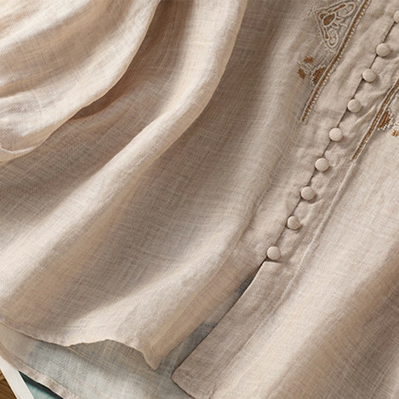 Buddha Stones Casual Embroidery Single Breasted Button Polyester Half Sleeve Women's V-neck Shirt - image 27