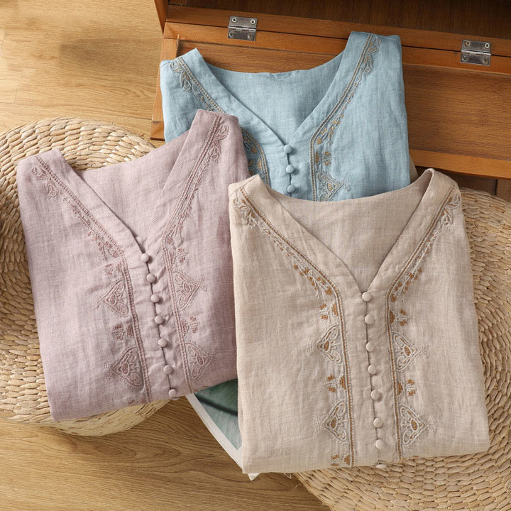 Buddha Stones Casual Embroidery Single Breasted Button Half Sleeve Women's V-neck Shirt - image 29