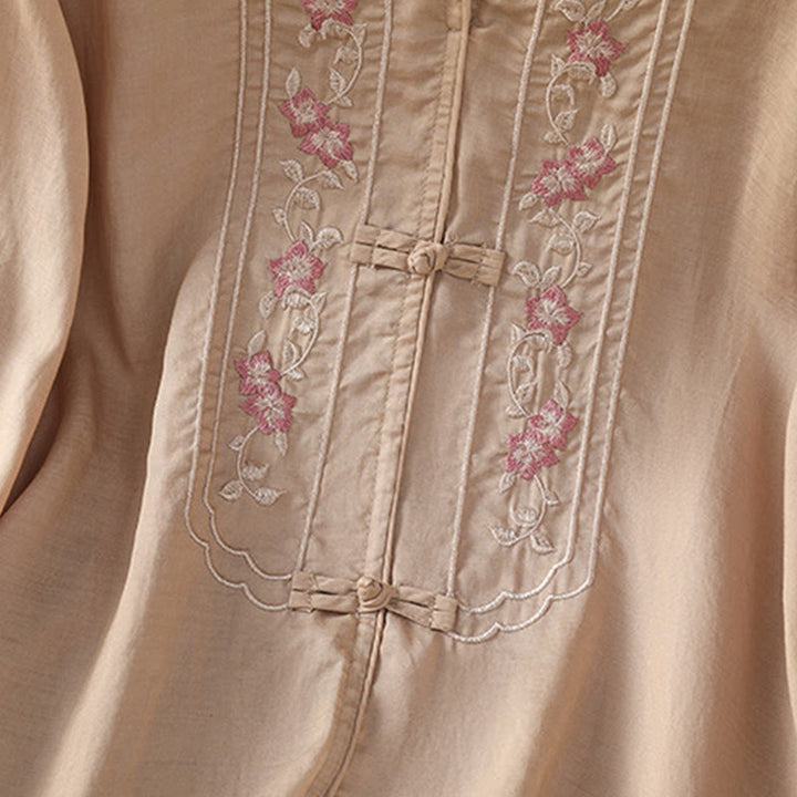 Buddha Stones Casual Embroidery Frog-Button Cotton Polyester Half Sleeve Women's Stand Collar Shirt - image 4