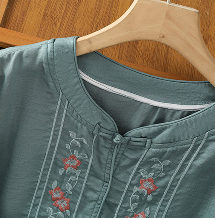 Buddha Stones Casual Embroidery Frog-Button Cotton Polyester Half Sleeve Women's Stand Collar Shirt - image 11