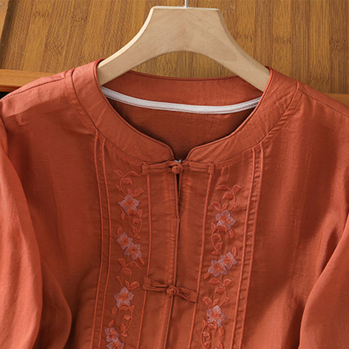 Buddha Stones Casual Embroidery Frog-Button Cotton Polyester Half Sleeve Women's Stand Collar Shirt - image 14