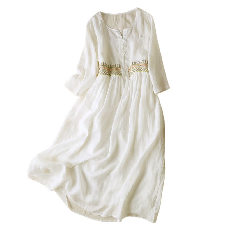 Buddha Stones Embroidery Geometry Nine-Quarter Sleeve Cotton Women's Midi Dress With Pockets - image 7