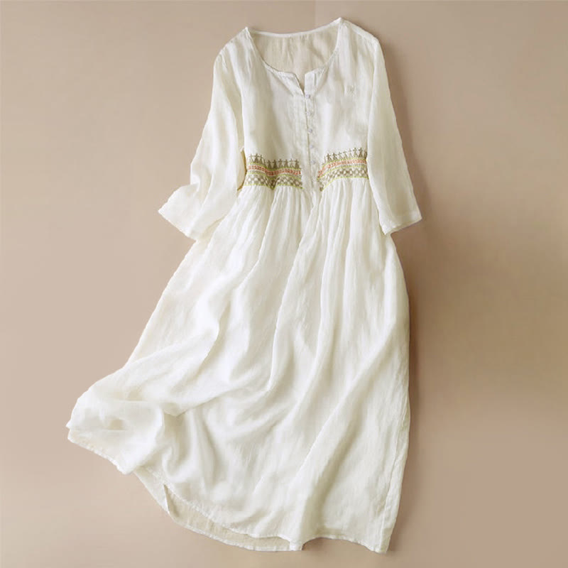 Buddha Stones Embroidery Geometry Nine-Quarter Sleeve Cotton Women's Midi Dress With Pockets - White - US14，UK/AU18，EU46 (4XL) - image 0