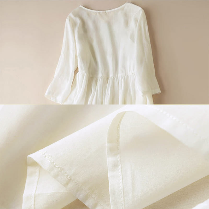 Buddha Stones Embroidery Geometry Nine-Quarter Sleeve Cotton Women's Midi Dress With Pockets - image 6