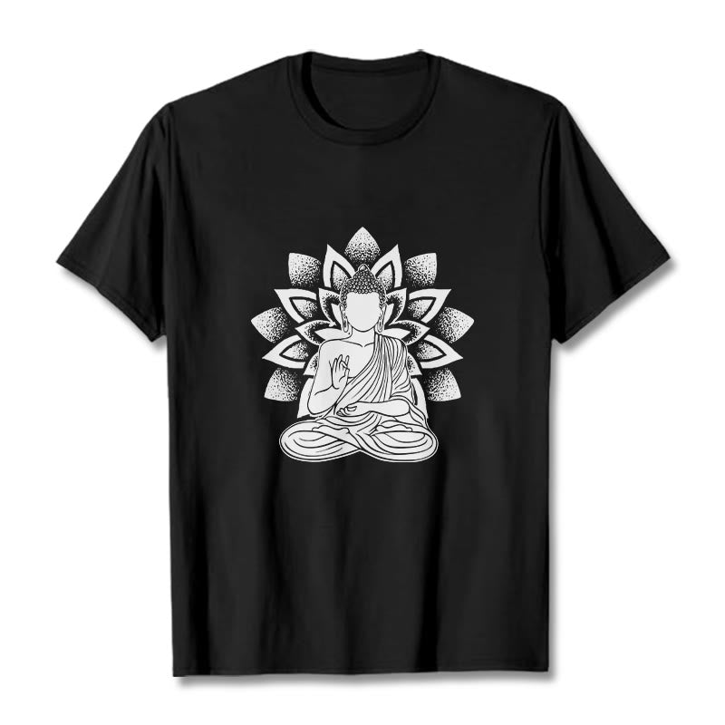 Buddha Stones Seated Buddha Lotus Flower Pattern Tee T-shirt - Black - 2XL - image 4