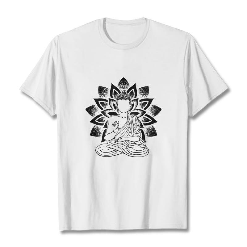 Buddha Stones Seated Buddha Lotus Flower Pattern Tee T-shirt - White - 2XL - image 8