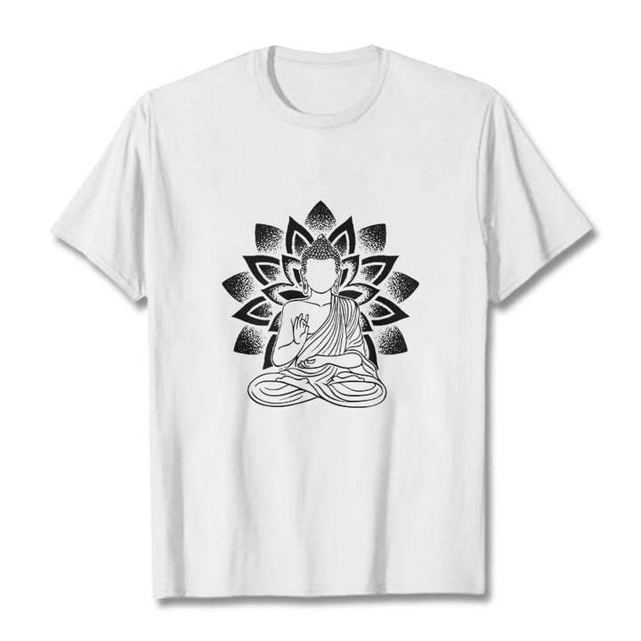 Buddha Stones Seated Buddha Lotus Flower Pattern Tee T-shirt - White - 2XL - image 8