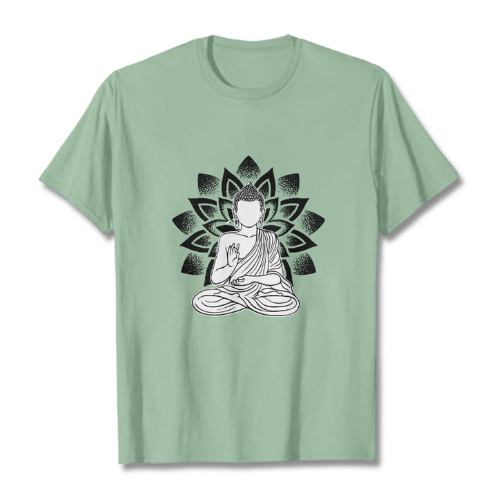 Buddha Stones Seated Buddha Lotus Flower Pattern Tee T-shirt - PaleGreen - 2XL - image 15