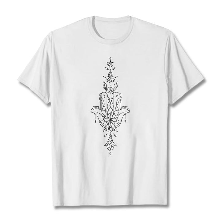 Buddha Stones Hamsa Hand Lotus Flower Pattern Tee T-shirt - White - 2XL - image 7