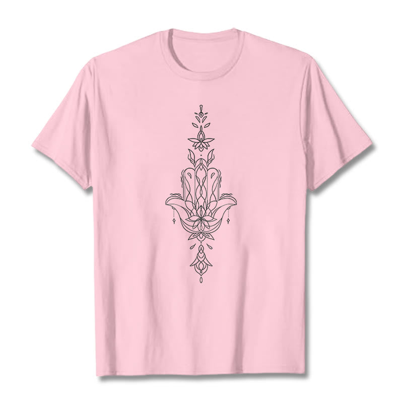 Buddha Stones Hamsa Hand Lotus Flower Pattern Tee T-shirt - LightPink - 2XL - image 14