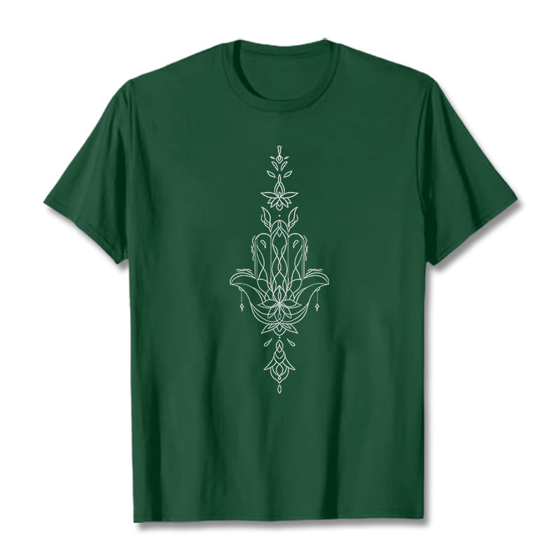 Buddha Stones Hamsa Hand Lotus Flower Pattern Tee T-shirt - ForestGreen - 2XL - image 12
