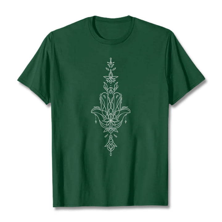 Buddha Stones Hamsa Hand Lotus Flower Pattern Tee T-shirt - ForestGreen - 2XL - image 12