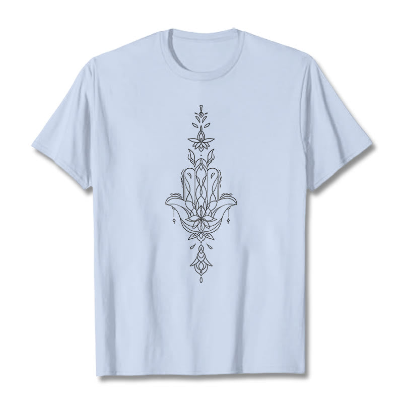 Buddha Stones Hamsa Hand Lotus Flower Pattern Tee T-shirt - LightCyan - 2XL - image 1