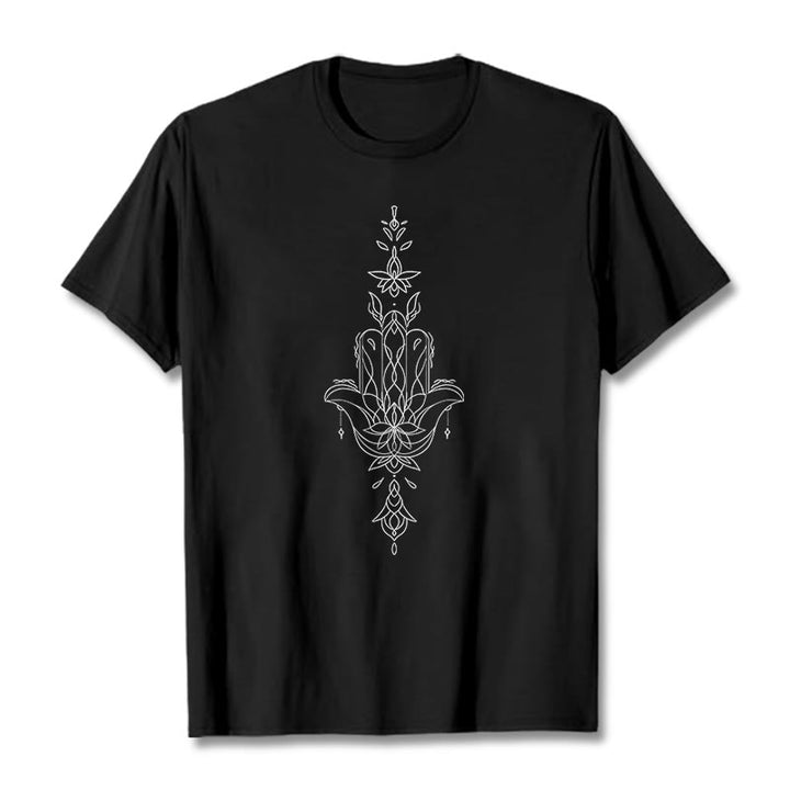 Buddha Stones Hamsa Hand Lotus Flower Pattern Tee T-shirt - Black - 2XL - image 2