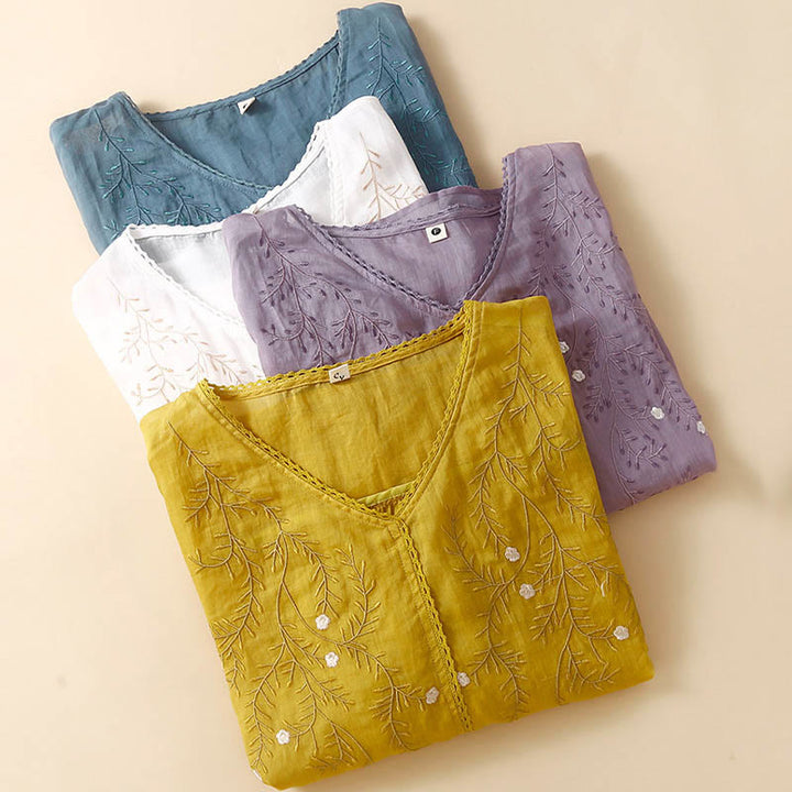 Buddha Stones Summer Casual Flower Branches Embroidered Pattern V-Neck Half Sleeve Cotton Linen Women's T-shirt - image 9