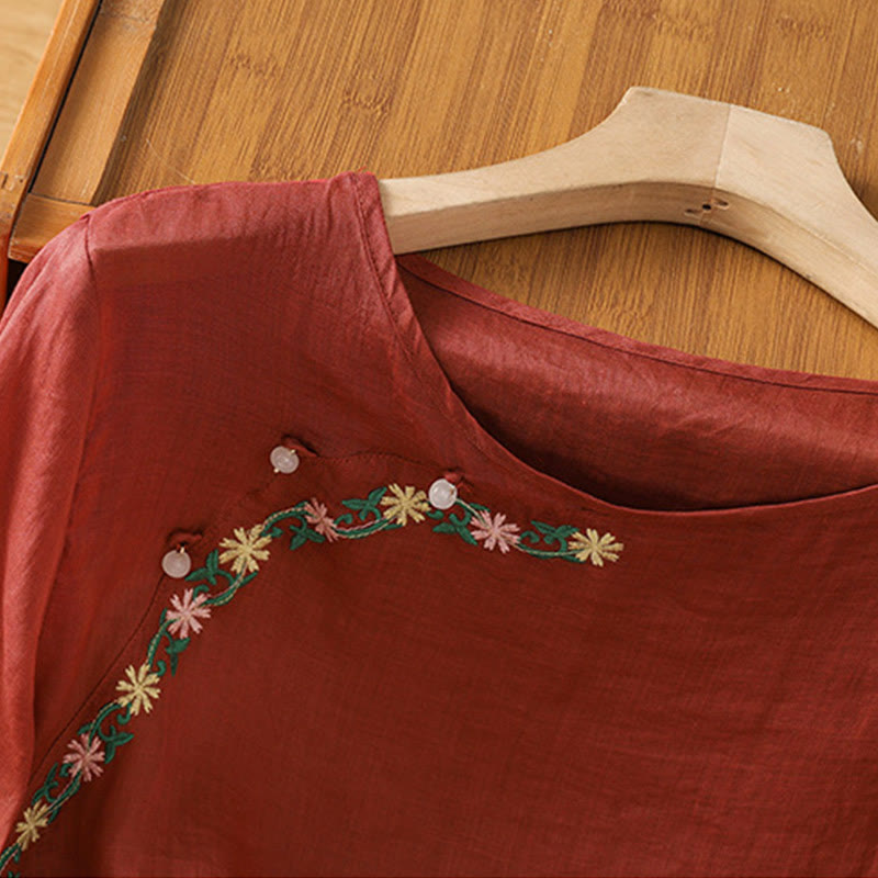 Buddha Stones Casual Embroidery Flowers Cotton Polyester Half Sleeve Women's Crew Neck Shirt - image 3