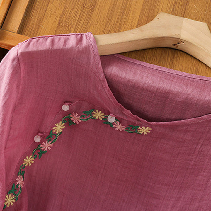 Buddha Stones Casual Embroidery Flowers Cotton Polyester Half Sleeve Women's Crew Neck Shirt - image 11